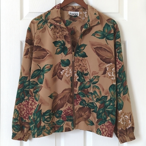 Teddi 90's Vintage Floral Printed Lightweight Silky Zip Up Jacket Brown Green SP - Picture 1 of 14